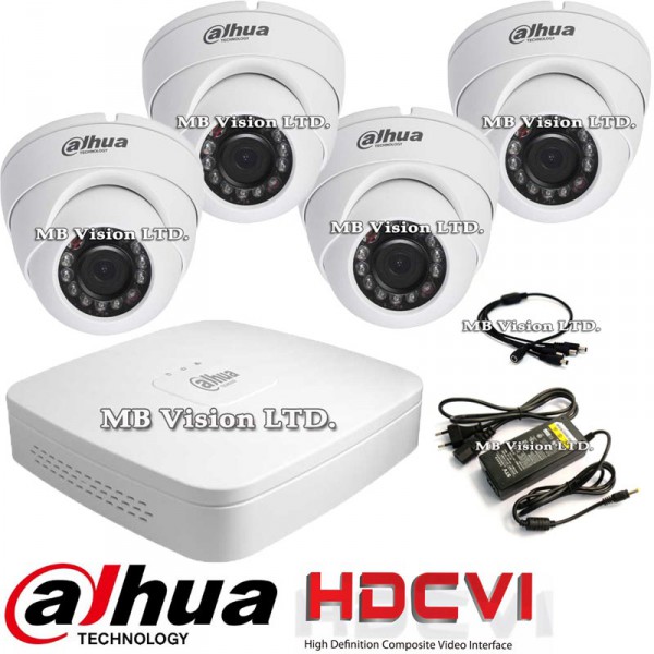 Готови комплекти за видеонаблюдение - Готова HDCVI система за видеонаблюдение с 4 HD куполни, вътрешни камери Dahua, ДВР рекордер, захранващ адаптер